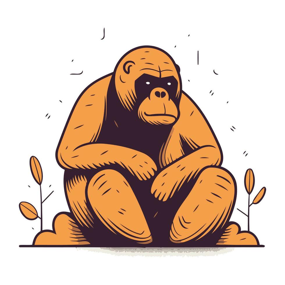 gorilla zittend Aan de grond. hand- getrokken vector illustratie.