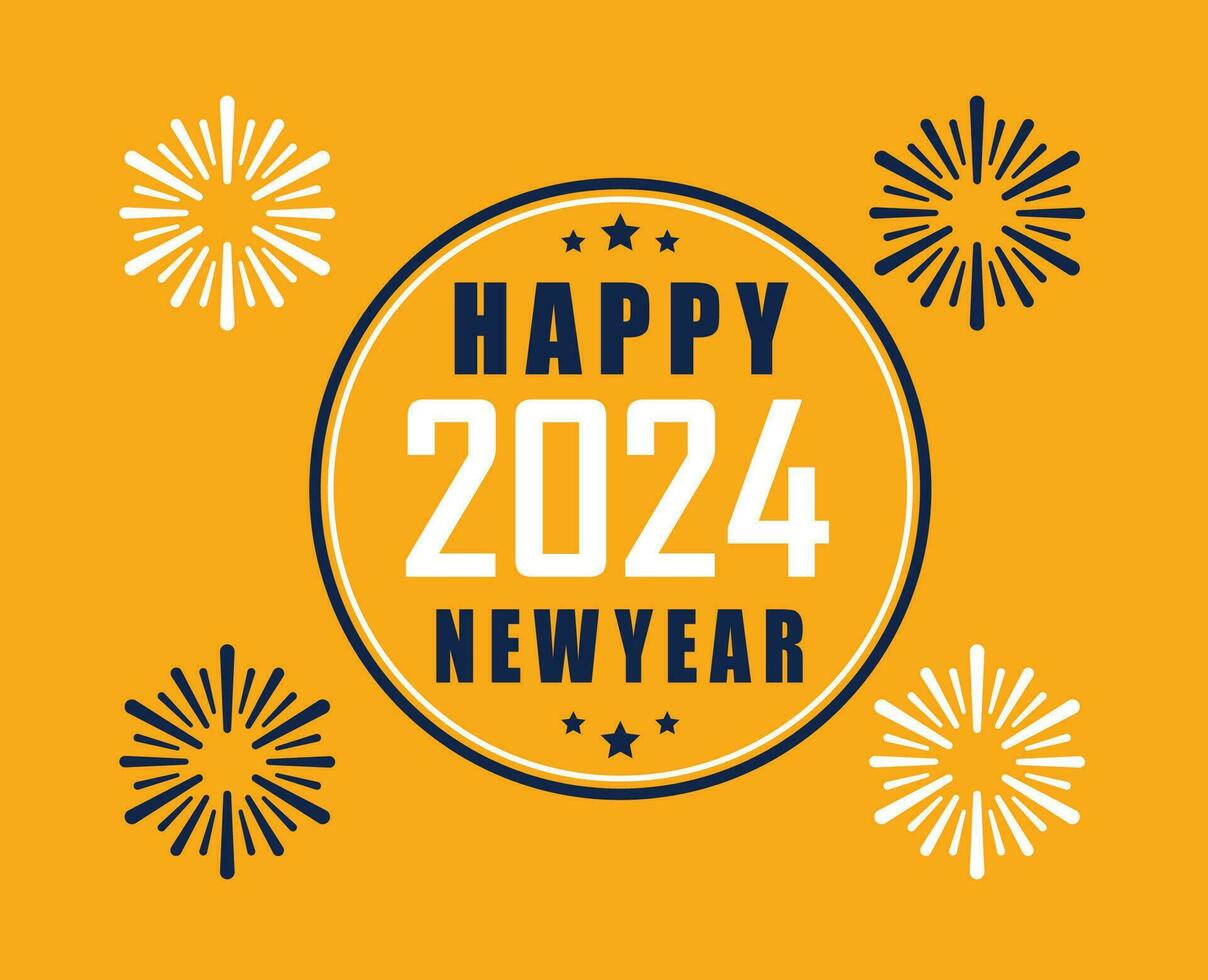2024 gelukkig nieuw jaar vakantie abstract blauw en wit ontwerp vector logo symbool illustratie met geel achtergrond