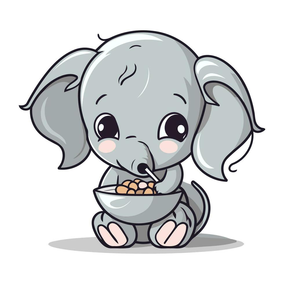 schattig olifant aan het eten een kom van granen. tekenfilm vector illustratie