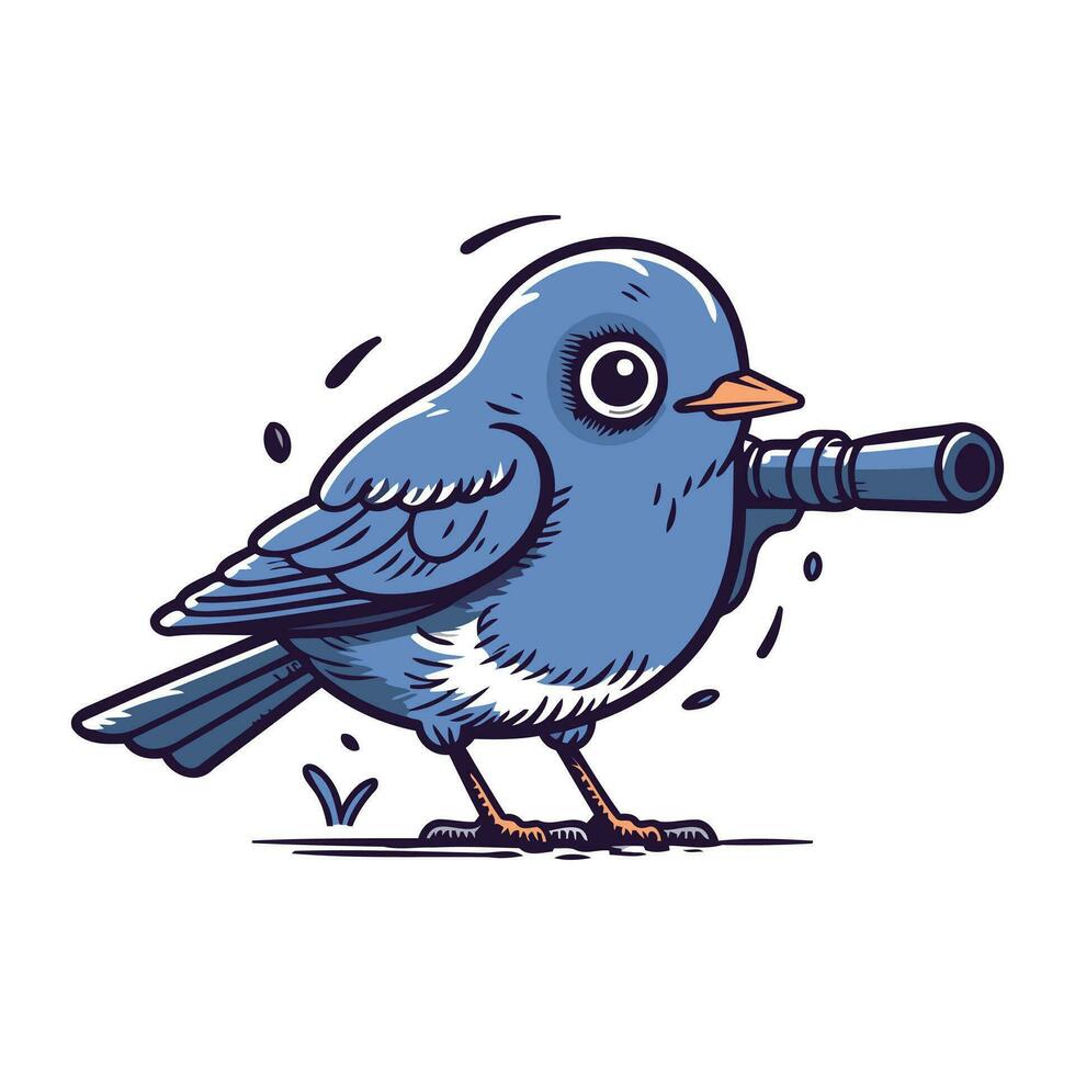 hand- getrokken vector illustratie van een schattig tekenfilm blauw vogel met een kijker