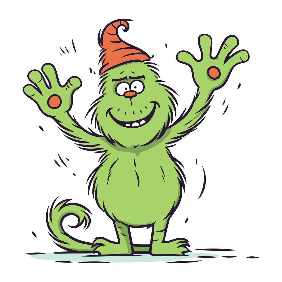 vector illustratie van een gelukkig tekenfilm groen monster in Kerstmis hoed.