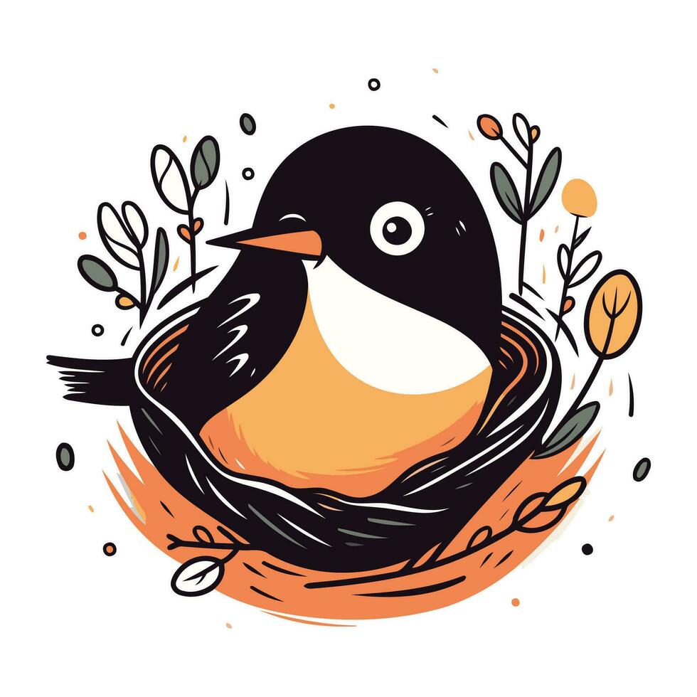 vector illustratie van een schattig pinguïn in de nest met bladeren.