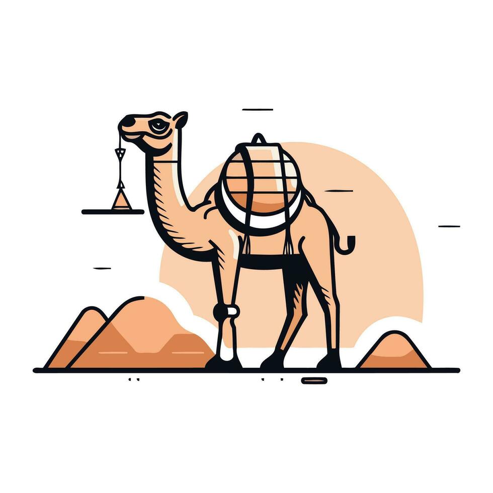 kameel en piramides. vector illustratie in vlak lineair stijl.