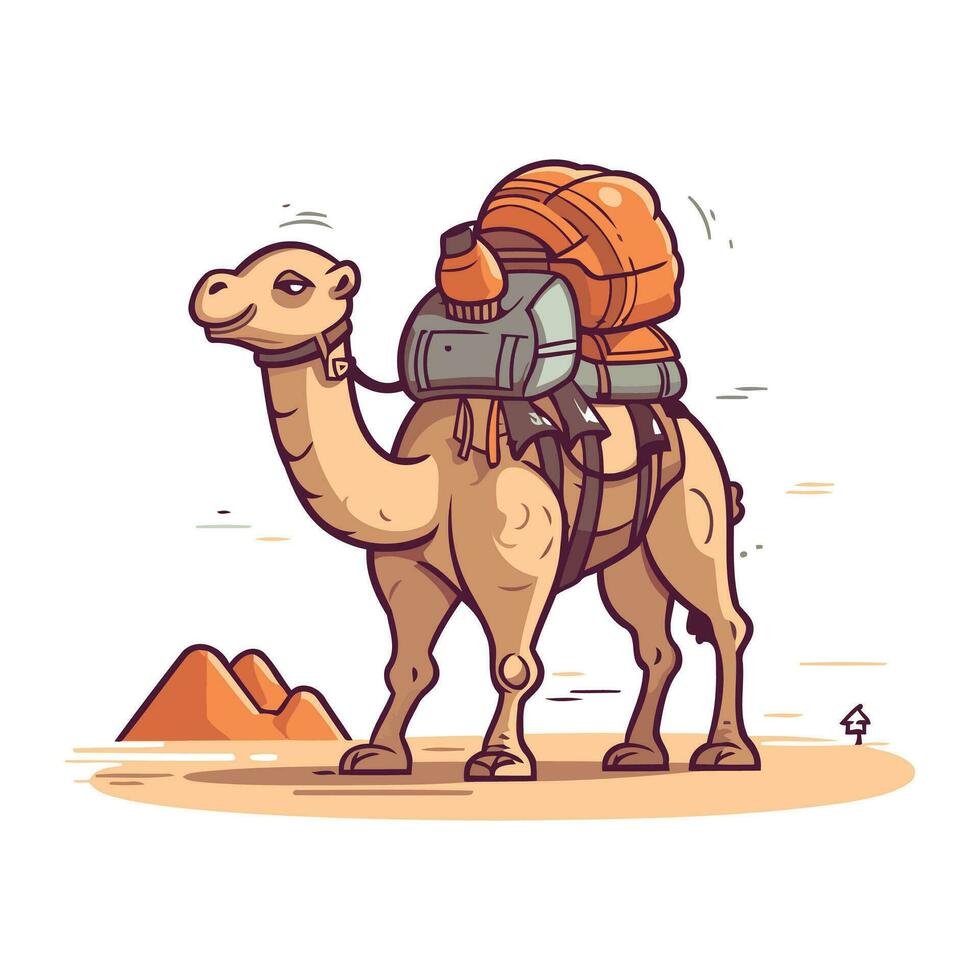 kameel met een rugzak Aan zijn rug. tekenfilm vector illustratie.