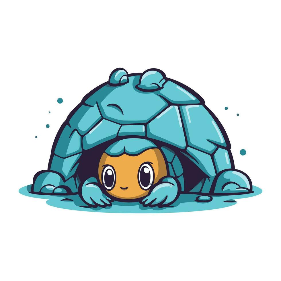 schattig weinig schildpad in een iglo. tekenfilm vector illustratie.