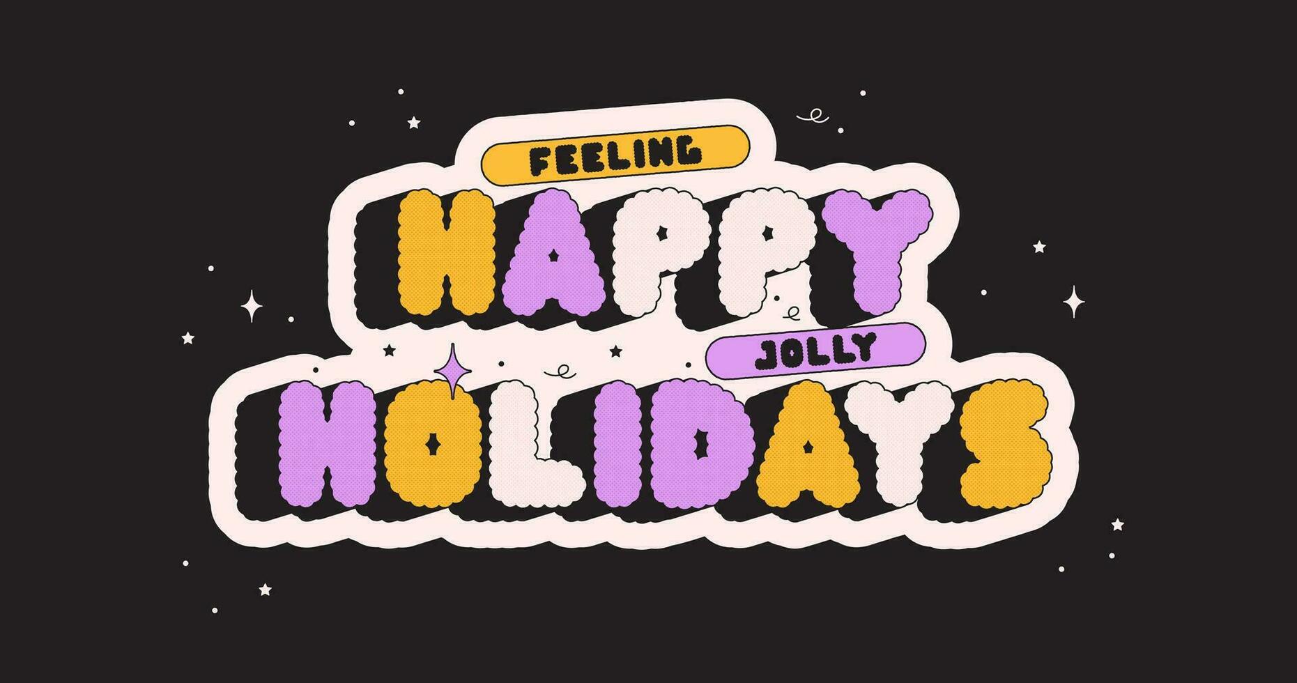 groovy Kerstmis poster gelukkig vakantie. geel en Purper halftone brieven. vector
