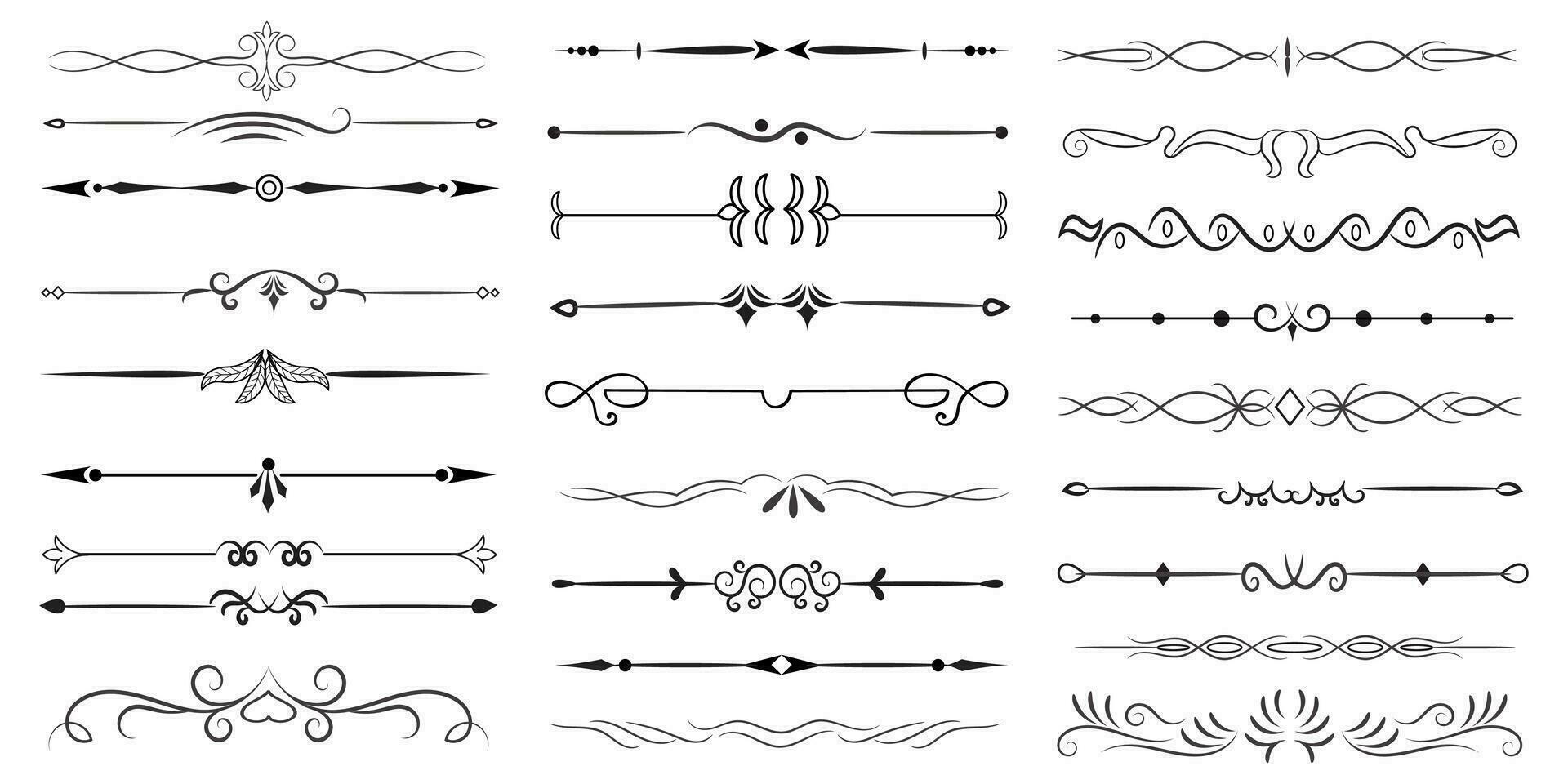 bladzijde verdeler en ontwerp elementen. reeks van divers gemakkelijk zwart verdeler ontwerp, geassorteerd verdeler verzameling sjabloon vector. verzameling van bloemen verdelers elementen mega decoratie voor kalligrafie. vector