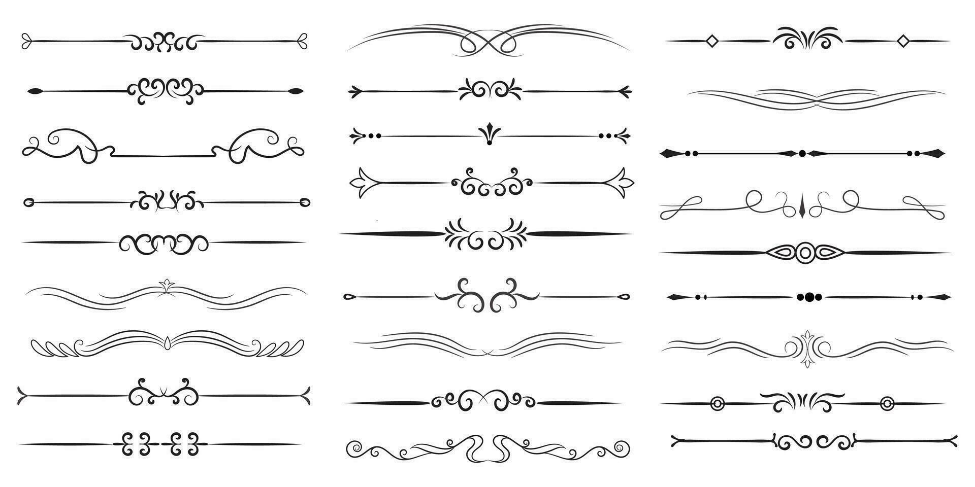 bladzijde verdeler en ontwerp elementen. reeks van divers gemakkelijk zwart verdeler ontwerp, geassorteerd verdeler verzameling sjabloon vector. verzameling van bloemen verdelers elementen mega decoratie voor kalligrafie. vector