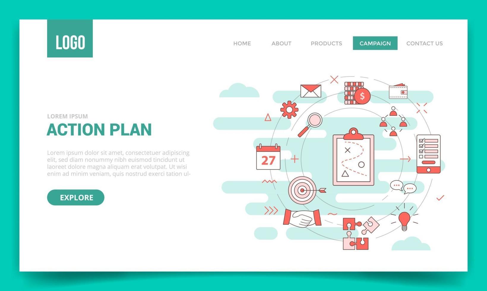 actieplan bedrijfsconcept met cirkelpictogram voor websitesjabloon vector