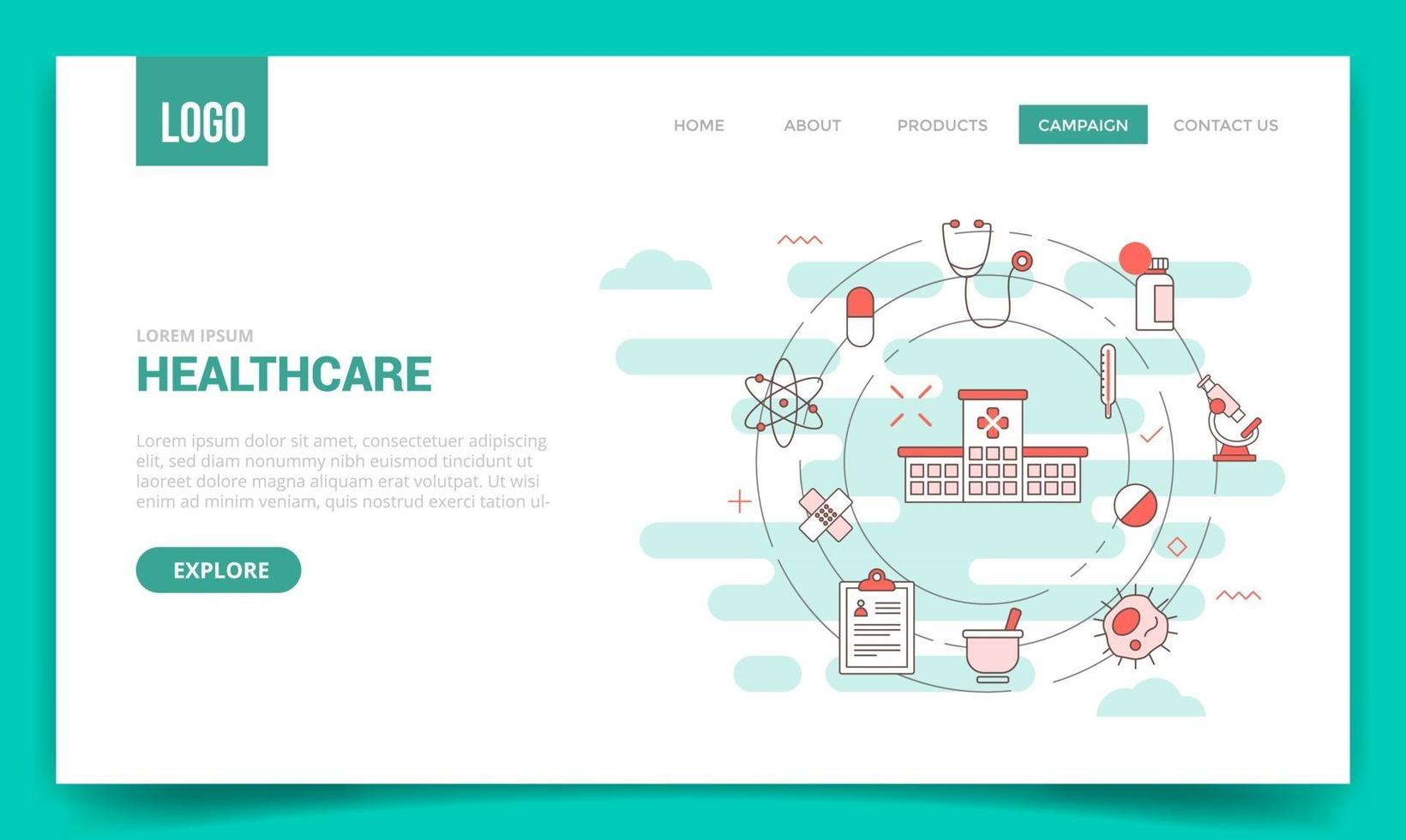 gezondheidszorgconcept met cirkelpictogram voor websitesjabloon vector