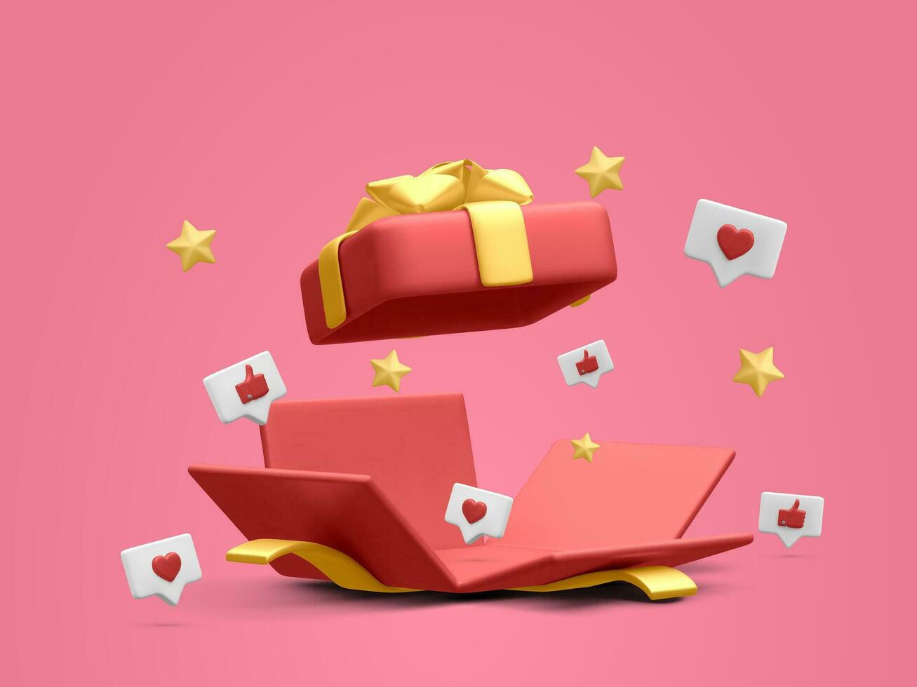3d realistisch Open geschenk doos met duimen omhoog, harten en sterren. vector illustratie