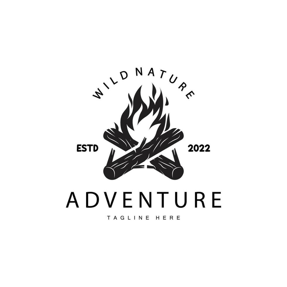 vreugdevuur logo, brandend vreugdevuur hout en brand voor camping retro wijnoogst avontuur ontwerp vector