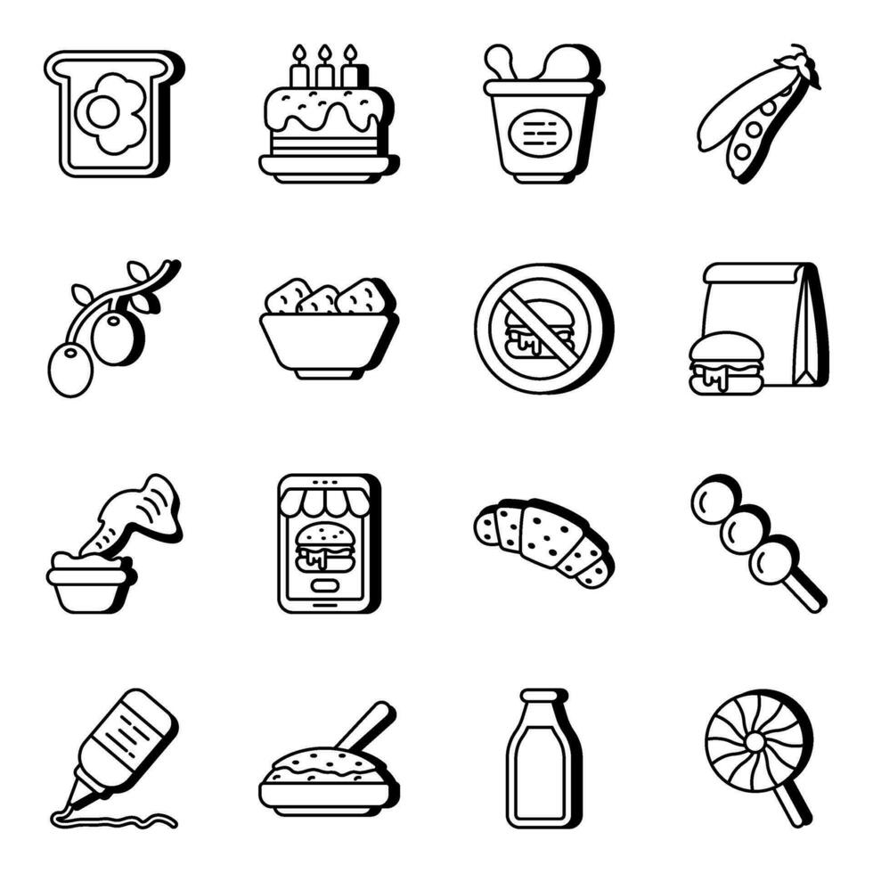 pak van voedsel en eetbaar lineair pictogrammen vector
