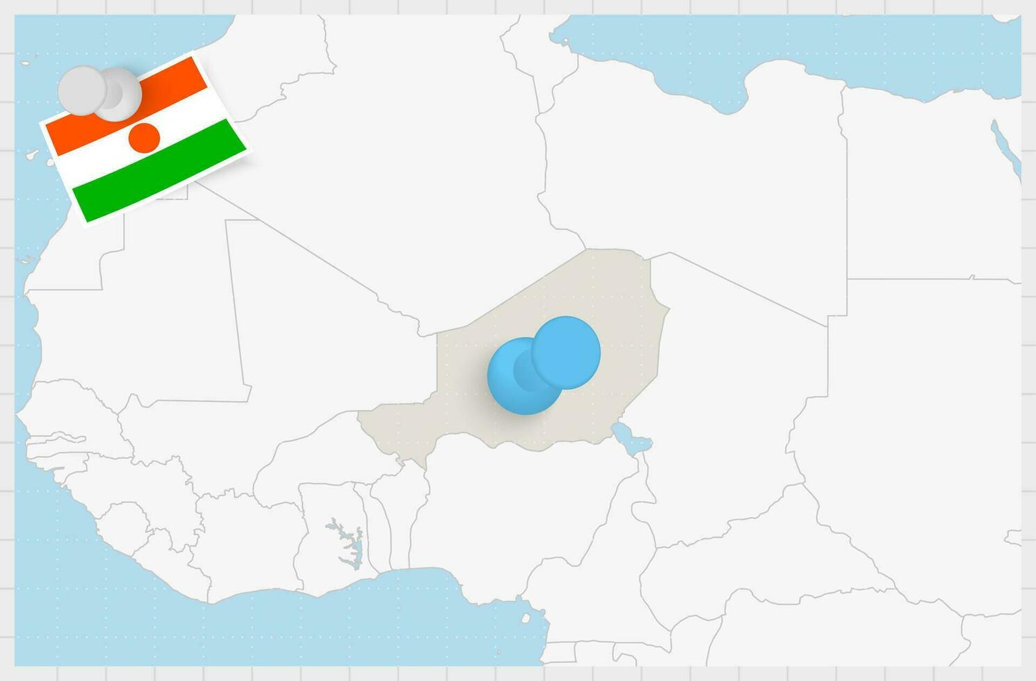 kaart van Niger met een vastgemaakt blauw pin. vastgemaakt vlag van Niger. vector