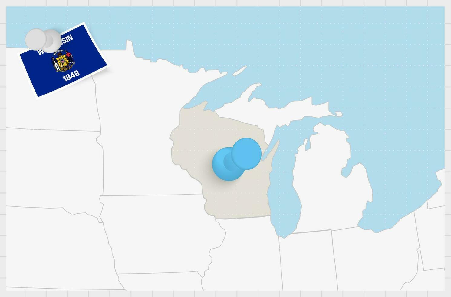 kaart van Wisconsin met een vastgemaakt blauw pin. vastgemaakt vlag van Wisconsin. vector