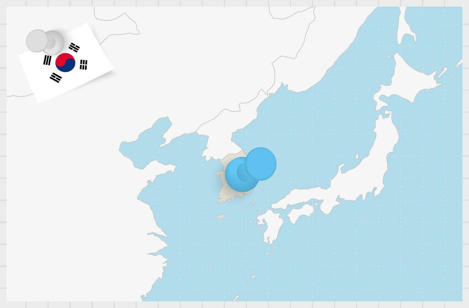kaart van zuiden Korea met een vastgemaakt blauw pin. vastgemaakt vlag van zuiden Korea. vector