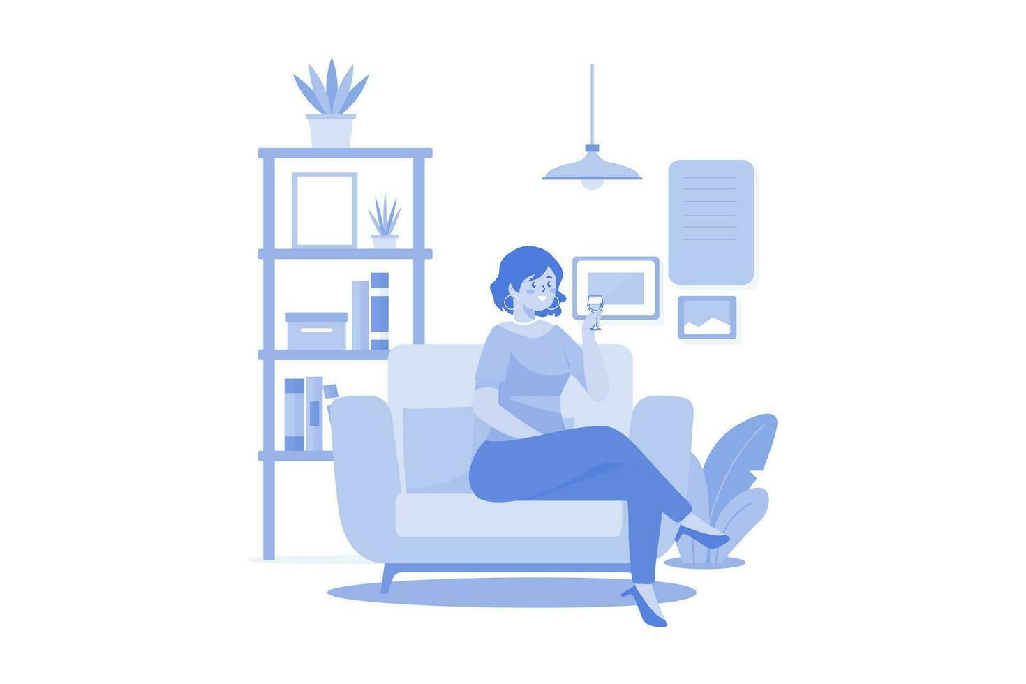 vrouw zitten Aan fauteuil Holding wijnglas in hand- vector