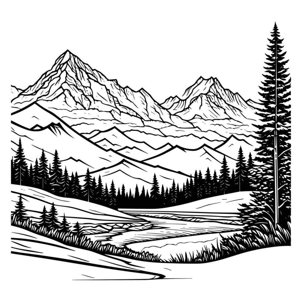 bergen en naald- Woud. zwart en wit vector illustratie.