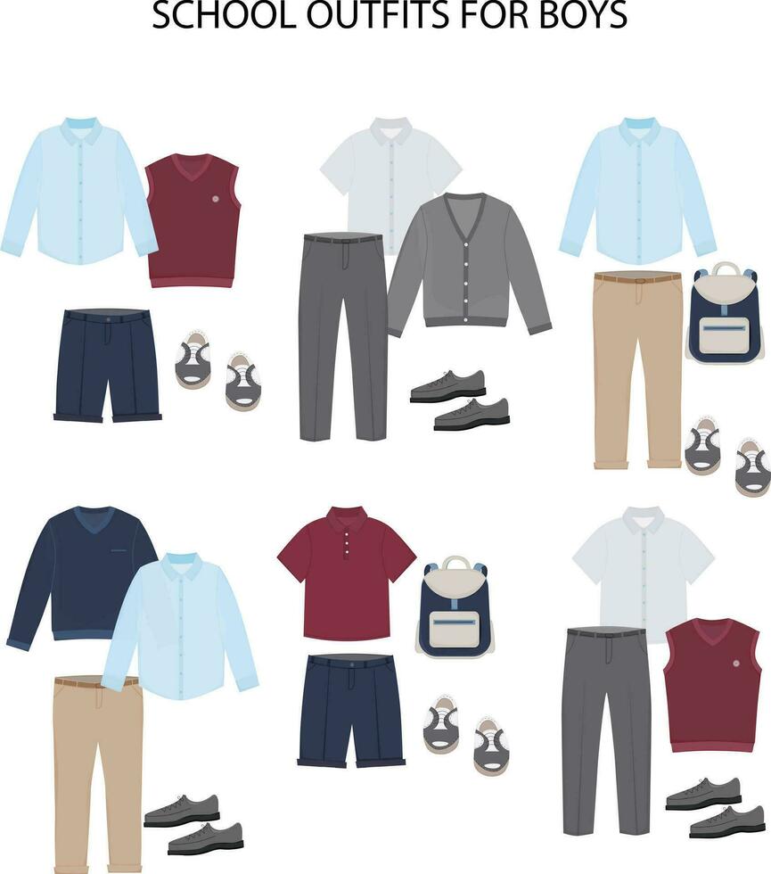 school- outfits voor schooljongen, tiener, leerling. essentieel jongens kleren. shirt, t shirt, broek, jasje, stoppen. school- uniform. vector illustratie. reeks Aan wit achtergrond.