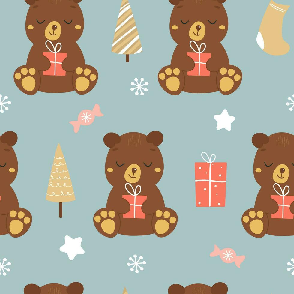 naadloos patroon met tekenfilm beren, cadeaus in poten, snoepgoed, abstract Spar bomen. feestelijk winter afdrukken. vector grafiek.