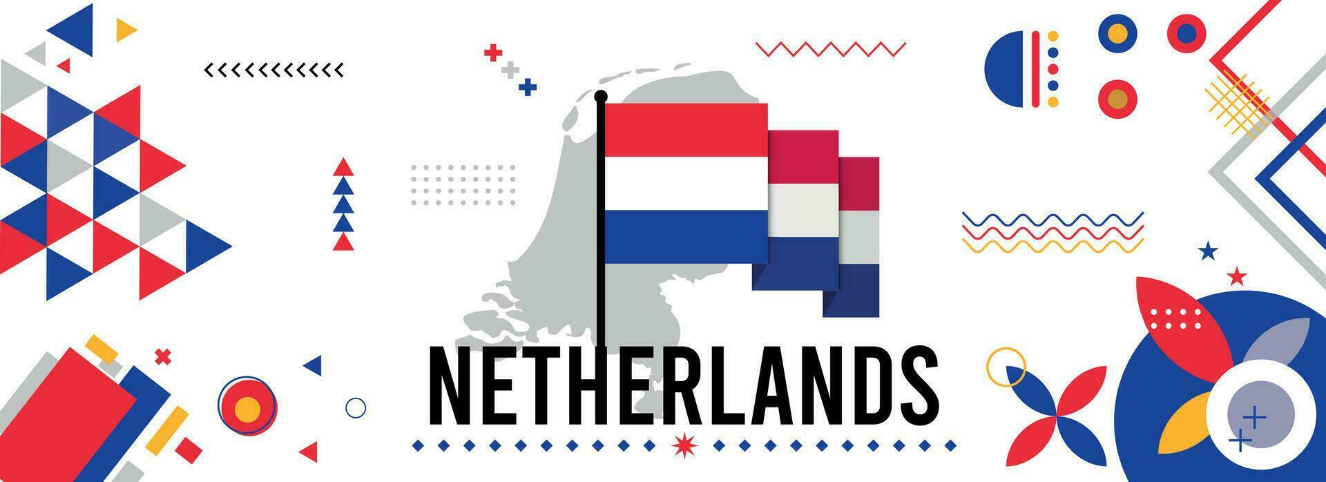 Nederland nationaal of onafhankelijkheid dag banier ontwerp voor land viering. vlag en kaart van nederland met modern retro ontwerp en abstract meetkundig pictogrammen. vector illustratie