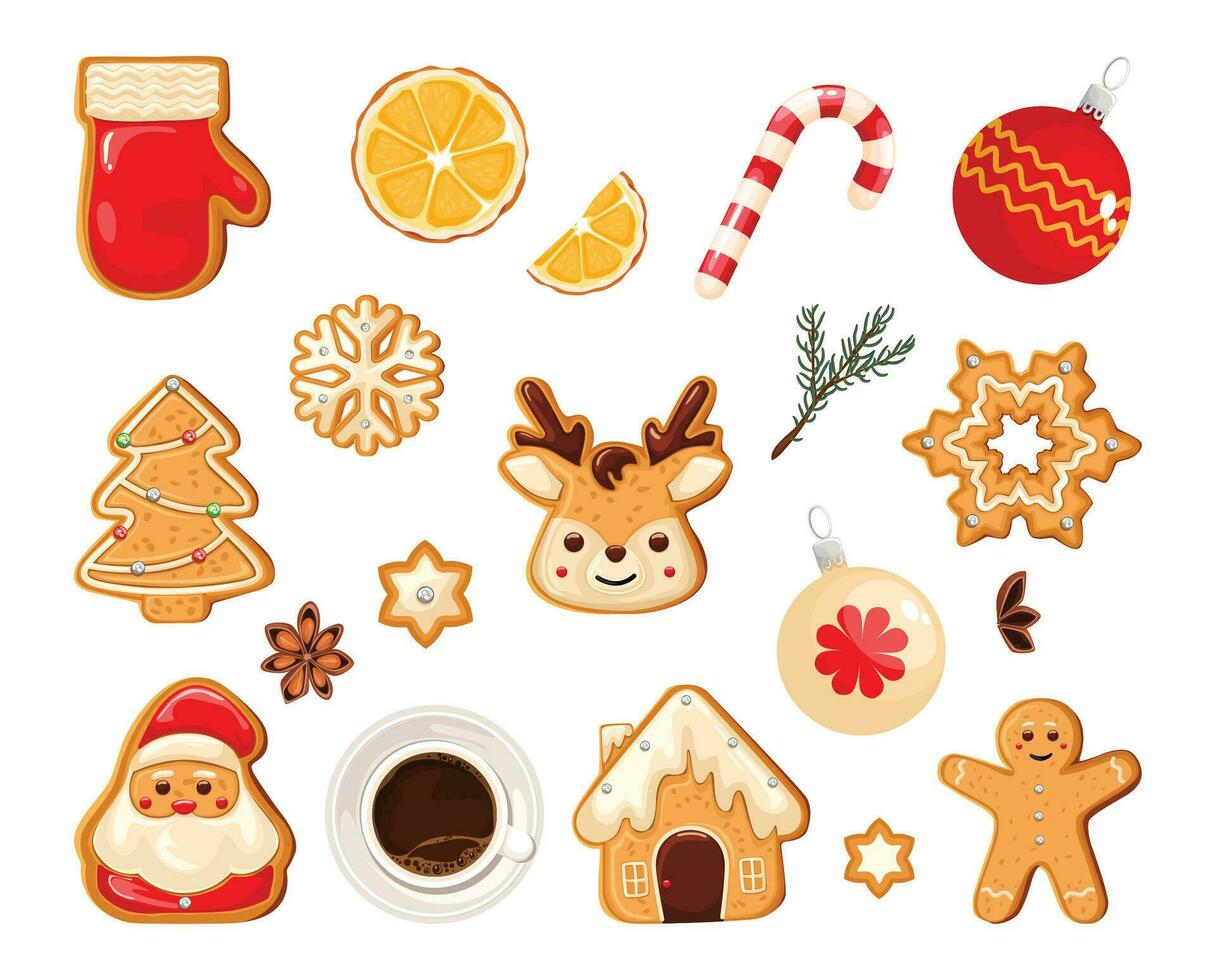 Kerstmis decor set, peperkoek koekjes en snoepgoed. vector