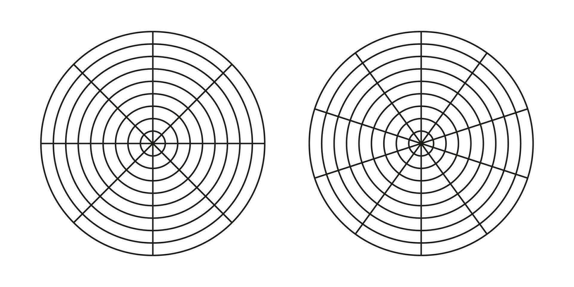 wiel van leven Sjablonen. gemakkelijk coaching gereedschap voor visualiseren allemaal gebieden van leven. reeks polair roosters. blanco polair diagram papier verzameling. cirkel diagrammen van leven stijl evenwicht. vector