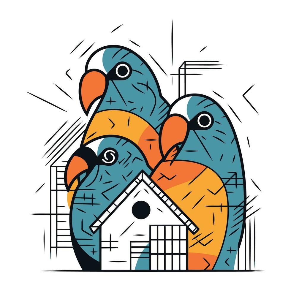 vector illustratie van papegaaien met een huis in de achtergrond. lijn kunst stijl.