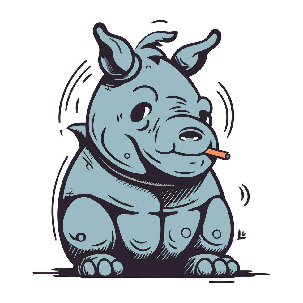 schattig tekenfilm neushoorn roken een sigaret. vector illustratie.