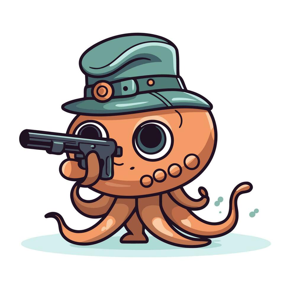 tekenfilm Octopus in een hoed met een pistool. vector illustratie.