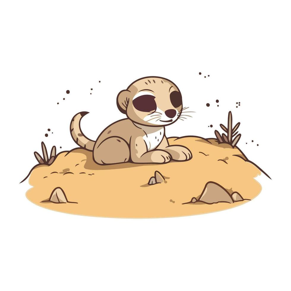 schattig tekenfilm meerkat zittend Aan zand. vector illustratie.