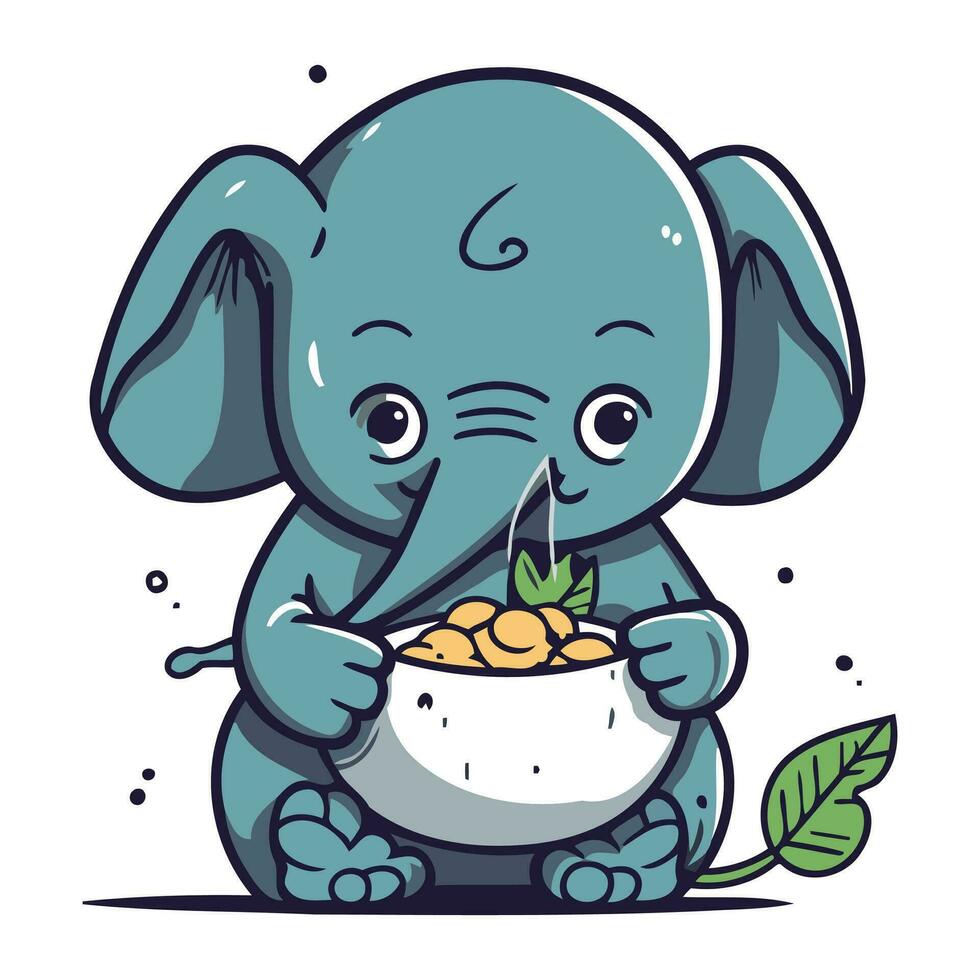 schattig tekenfilm olifant met kom van granen. vector illustratie.
