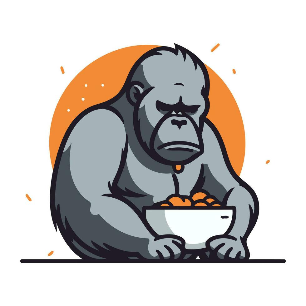 gorilla aan het eten een kom van granen. vector illustratie.