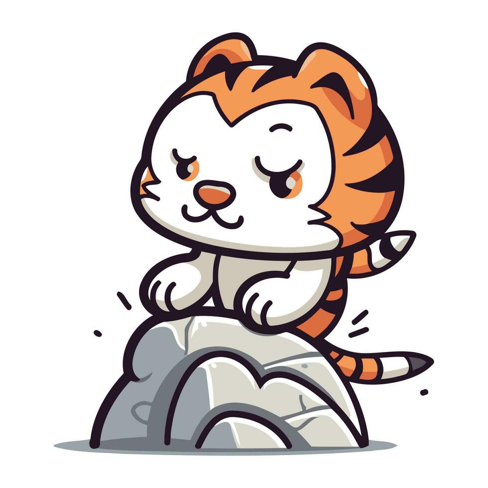 schattig tekenfilm tijger zittend Aan de steen. vector illustratie geïsoleerd Aan wit achtergrond.