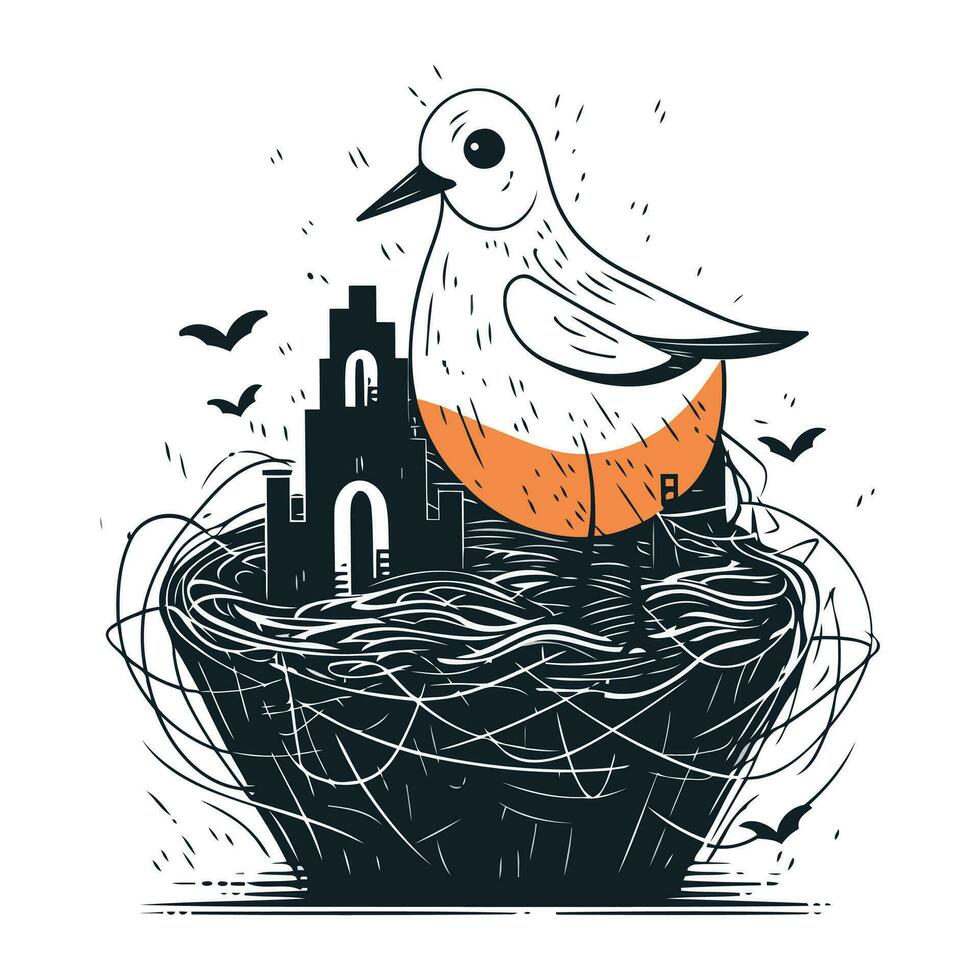 vector hand- getrokken illustratie van een vogel in de nest met een kasteel.