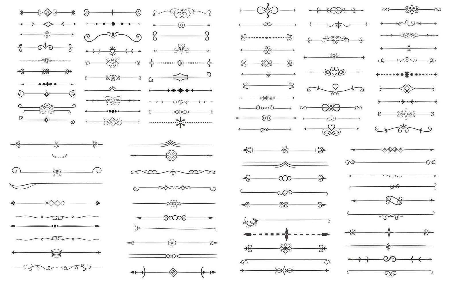 bladzijde verdeler en ontwerp elementen. reeks van divers gemakkelijk zwart verdeler ontwerp, geassorteerd verdeler verzameling sjabloon vector. verzameling van bloemen verdelers elementen mega decoratie voor kalligrafie. vector