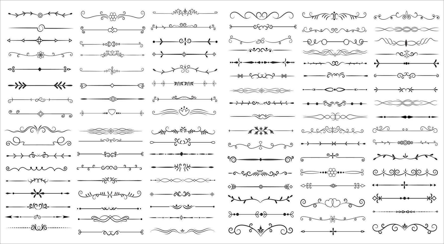 bladzijde verdeler en ontwerp elementen. reeks van divers gemakkelijk zwart verdeler ontwerp, geassorteerd verdeler verzameling sjabloon vector. verzameling van bloemen verdelers elementen mega decoratie voor kalligrafie. vector