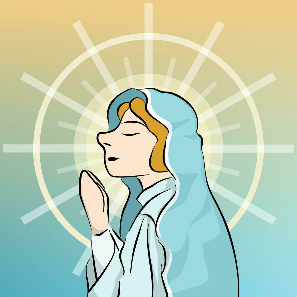 moeder Maria bidden met hemel engel licht achtergrond vector