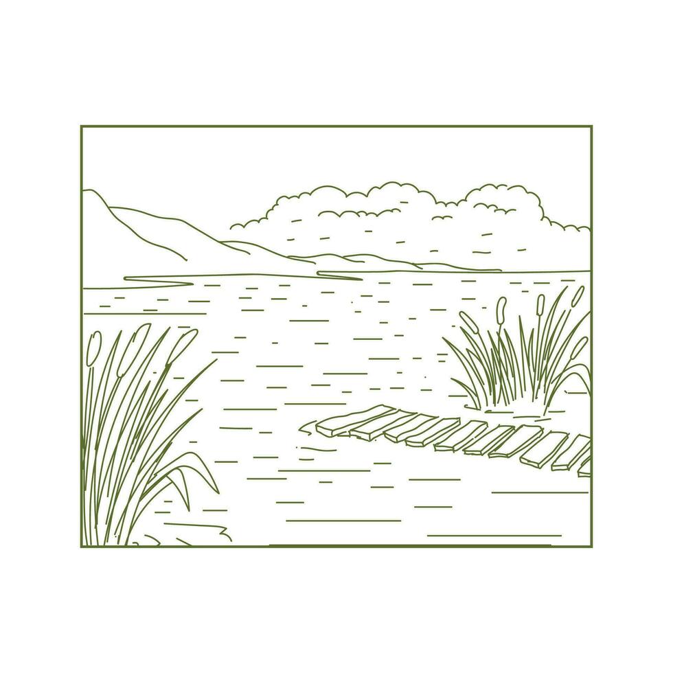 hipster lucht en berg heuvel met meer rivier- kreek moeras landschap visie lijn schets stijl illustratie vector