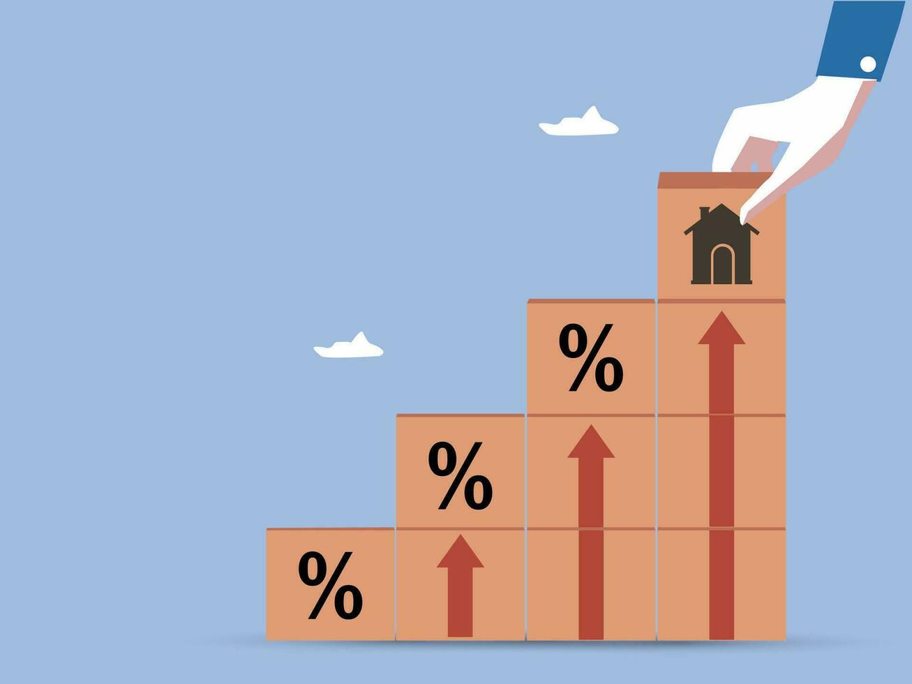 echt landgoed. huis, eigendom investering, Bedrijfsmiddel beheer, interesseren tarieven, lening hypotheek, huis belasting. hand- Holding huis icoon Aan houten blok van stack van blok met procent en stijgen van pijl.vector. vector