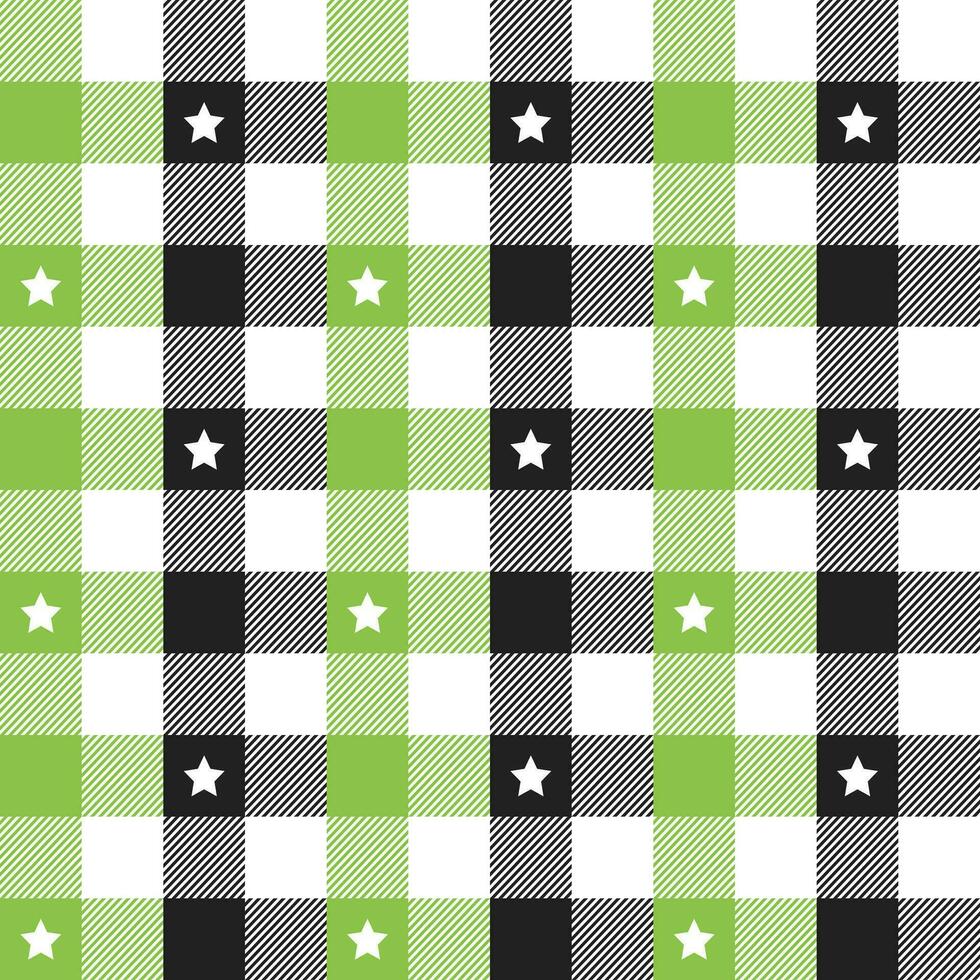 licht groen en zwart plaid patroon met ster achtergrond. plaid patroon achtergrond. plaid achtergrond. naadloos patroon. voor achtergrond, decoratie, geschenk inpakken, katoenen stof tafelkleed, deken, tartan. vector