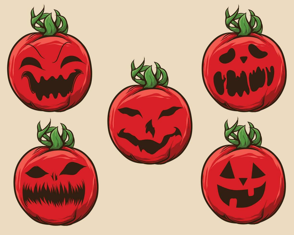 halloween tomaten reeks met eng gezichten en groen bladeren vector