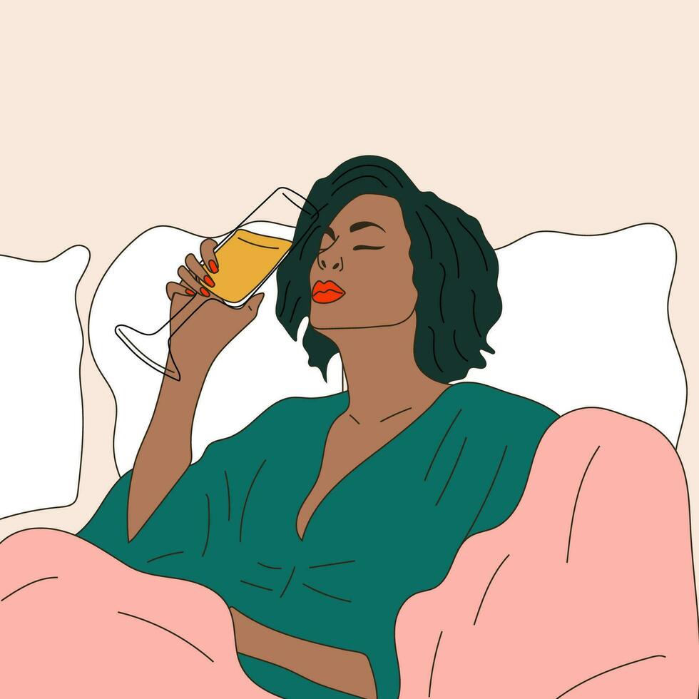 een vrouw drankjes een glas van Champagne in bed. vector. wijn tijd vector