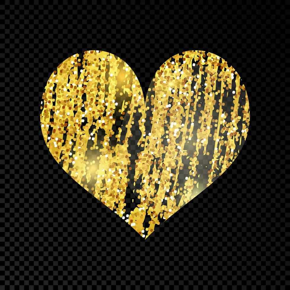 hart met gouden glinsterende kattebelletje verf Aan donker achtergrond. achtergrond met goud sparkles en schitteren effect. leeg ruimte voor uw tekst. vector illustratie