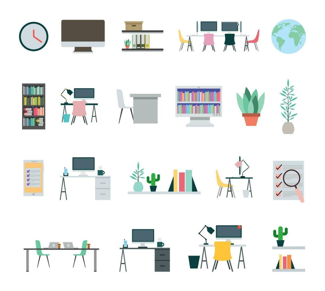 kantoor meubilair vlak pictogrammen reeks vector illustratie