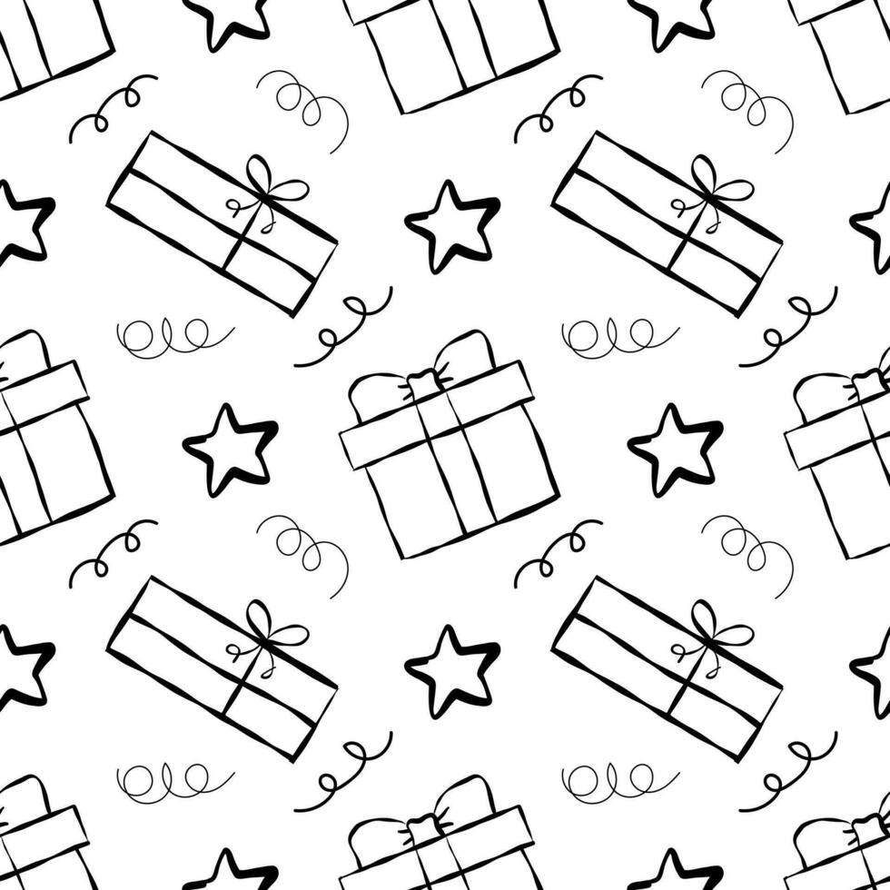naadloos patroon met Kerstmis verjaardag tekening geschenk dozen. omhulsel papier patroon, bogen en linten. vector