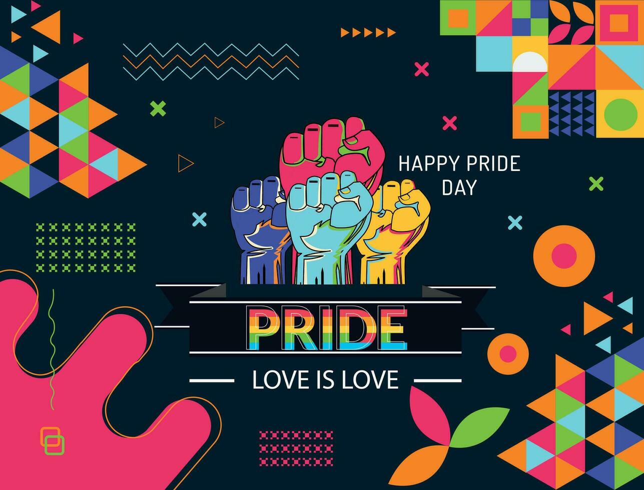gelukkig trots tekst en regenboog trots lint abstract achtergrond ontwerp. kleurrijk regenboog lgbt rechten campagne. lesbiennes, homo's, biseksuelen, transgenders, vreemd. verheven vuisten vector