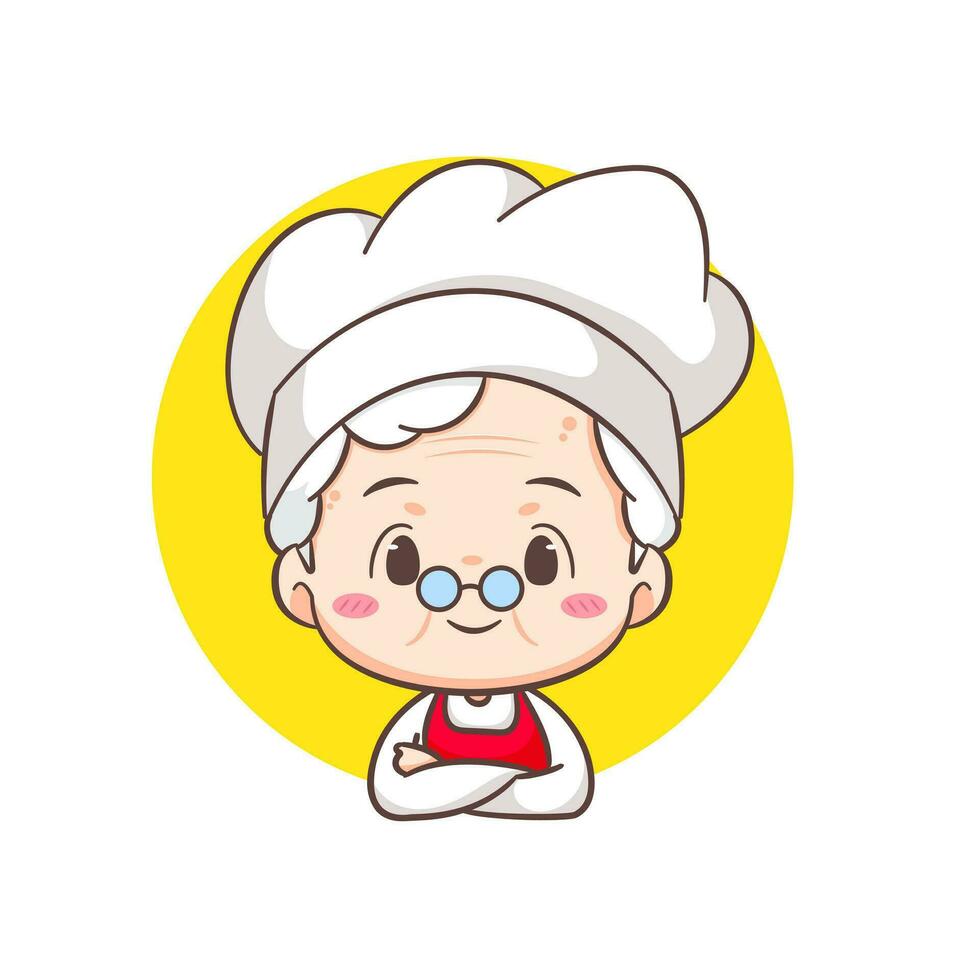 schattig grootmoeder chef tekenfilm. grootmoeder Koken logo vector kunst. mensen voedsel icoon concept. restaurant en eigengemaakt culinaire logo