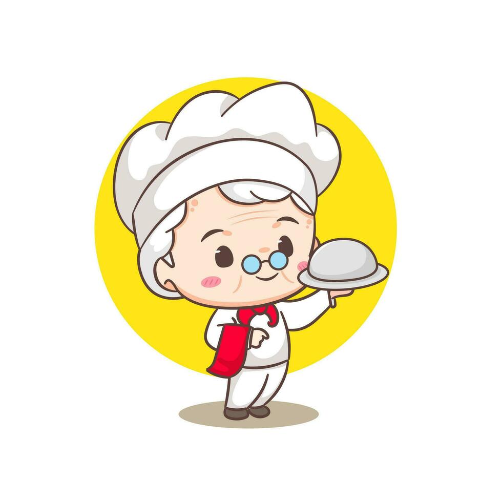 schattig grootmoeder chef tekenfilm. grootmoeder Koken logo vector kunst. mensen voedsel icoon concept. restaurant en eigengemaakt culinaire logo