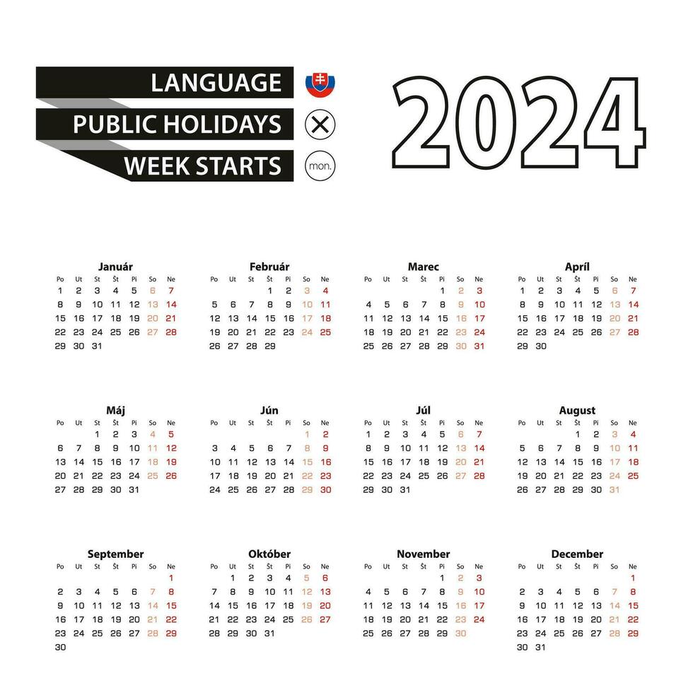 kalender 2024 in Slowaaks taal, week begint Aan maandag. vector